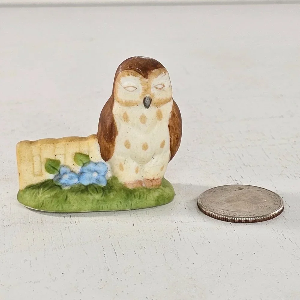 Vintage Schmid Owl Miniature Figurine 1990 Bird Fence Flowers